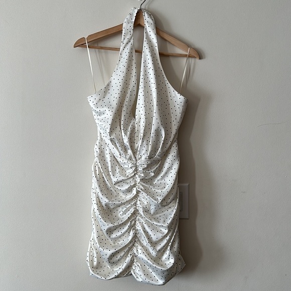 NEW Zara Satin Draped Black & White Polka Dot Halter Dress with Ruched Bottom - Picture 9 of 14